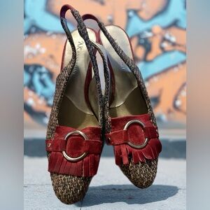 Anne Klein Red and Brown Textured Slingback Heels